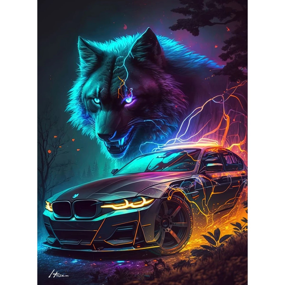 Póster coche Animal Cyberpunk neón estética Lobo pintura lienzo arte pared decoración habitación