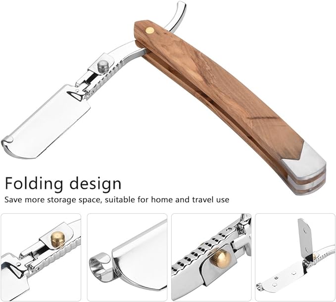 Navaja para Afeitar, Navajas para Afeitar, Porta Navajas de Barbero, Maquinilla de Afeitar Maquinilla de Afeitar de Seguridad con Mango de Madera de Diseño Plegable con 10 piezas de Cabeza de Navaja.