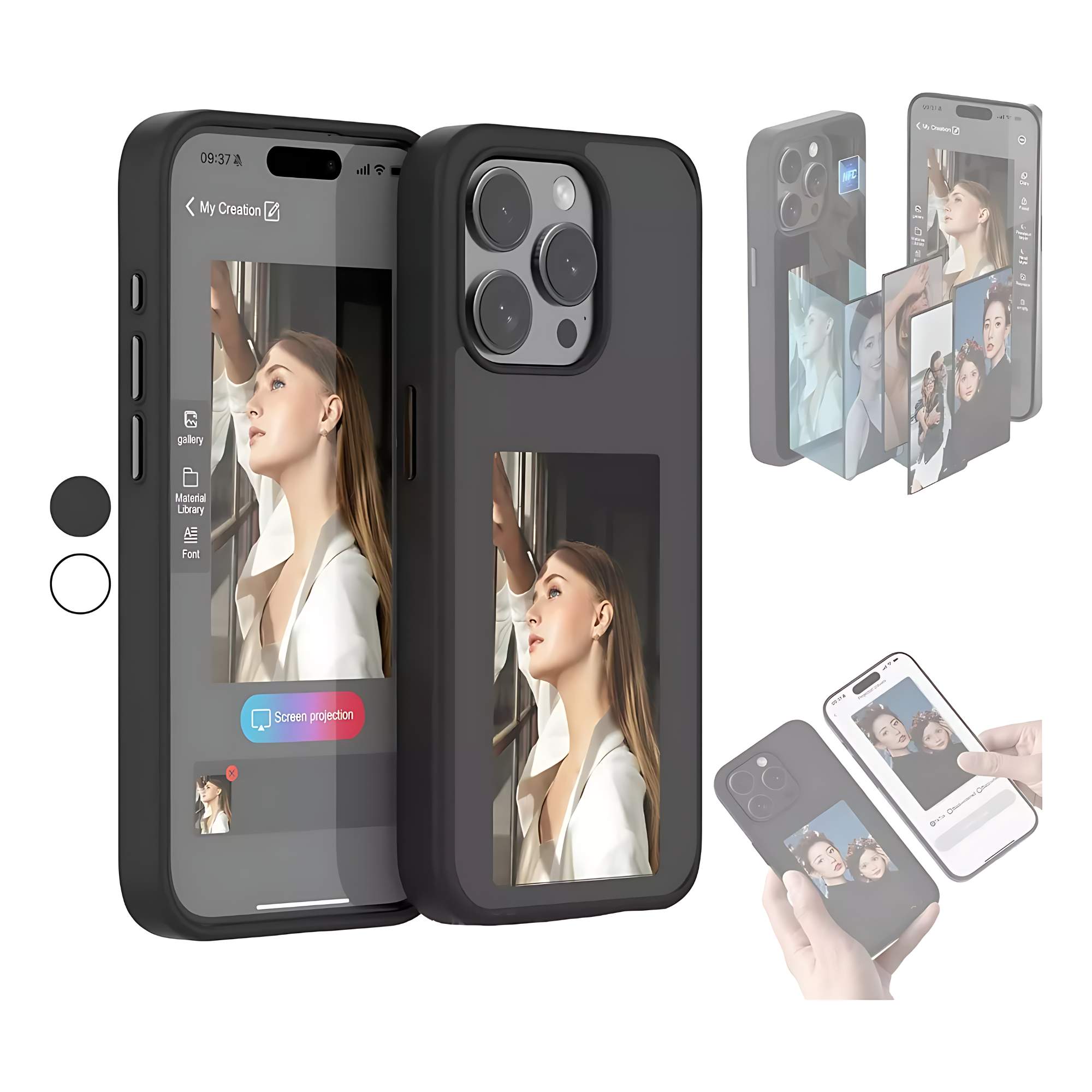 Mr. Gadgets Funda Tinta Inteligente Pantalla Personalizable Para iPhone 15, Case con pantalla de tinta electrónica Protección y estilo 2 en 1 para Iphone 15