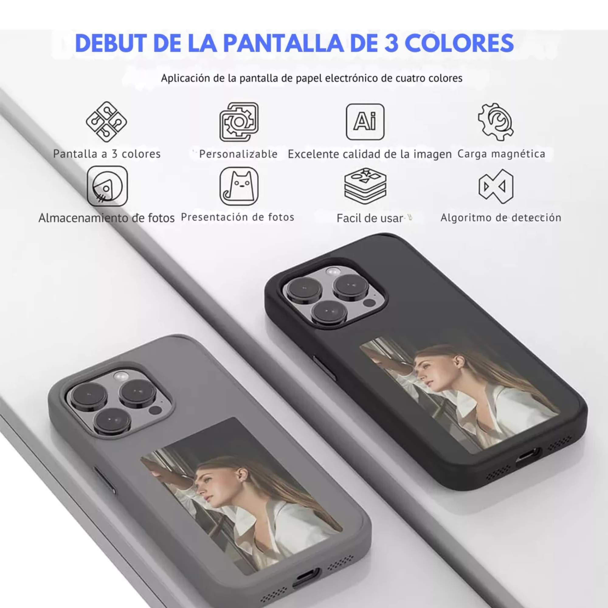 Mr. Gadgets Funda Tinta Inteligente Pantalla Personalizable Para iPhone 15, Case con pantalla de tinta electrónica Protección y estilo 2 en 1 para Iphone 15