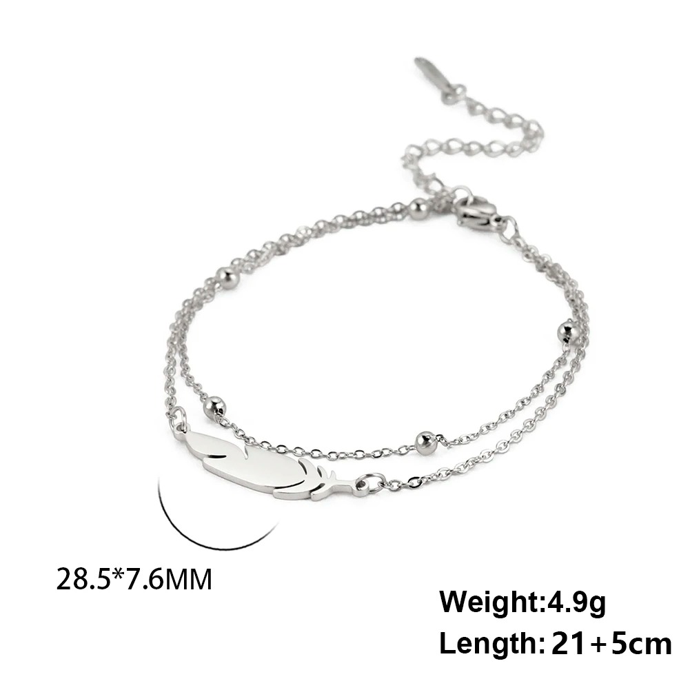 Pulsera Tobillo Acero Inoxidable Cadena Doble Pluma Estilo Playa Regalo Joyería.