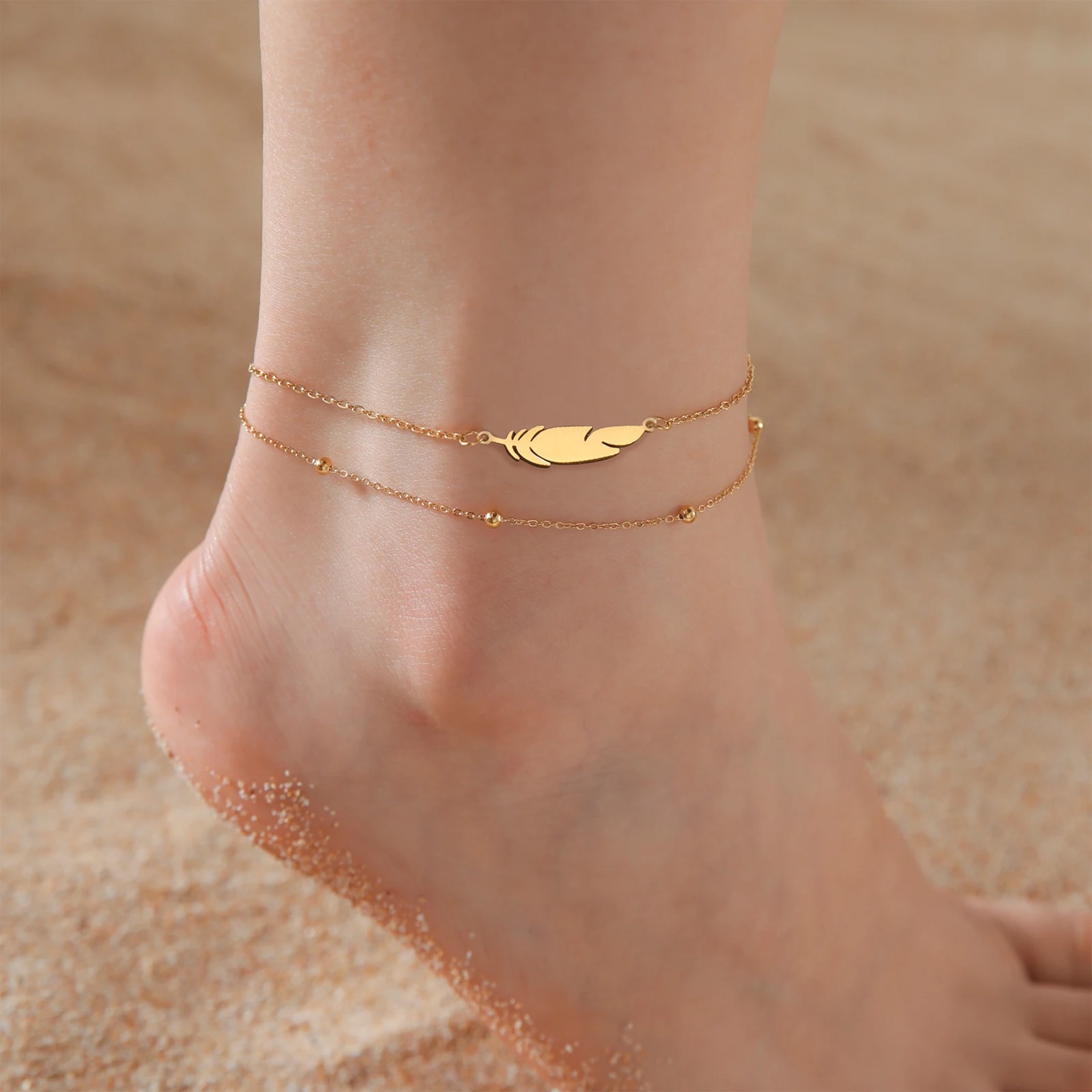 Pulsera Tobillo Acero Inoxidable Cadena Doble Pluma Estilo Playa Regalo Joyería.