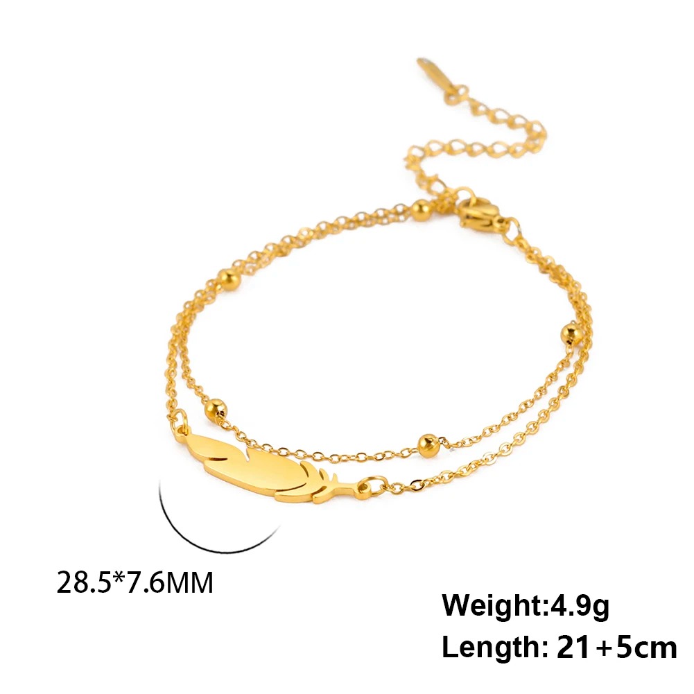 Pulsera Tobillo Acero Inoxidable Cadena Doble Pluma Estilo Playa Regalo Joyería.
