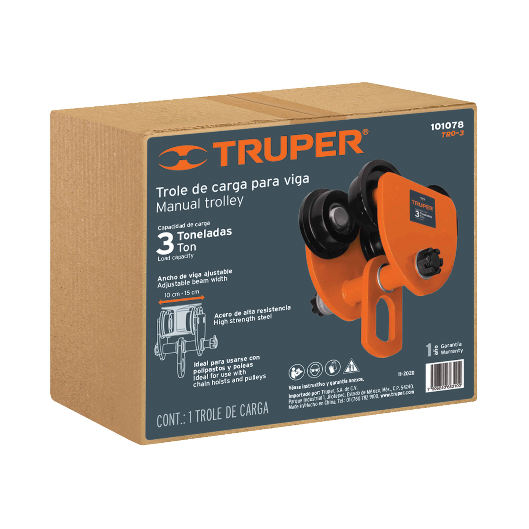 Trole de carga Truper 3 ton para vigas IPS e IPR ajustable 101078 naranja