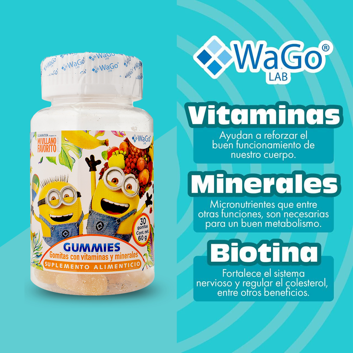 Gummies Minions WaGo LAB 30 Pzas. Cont. 60g Gomitas con vitaminas y minerales para niños y adultos