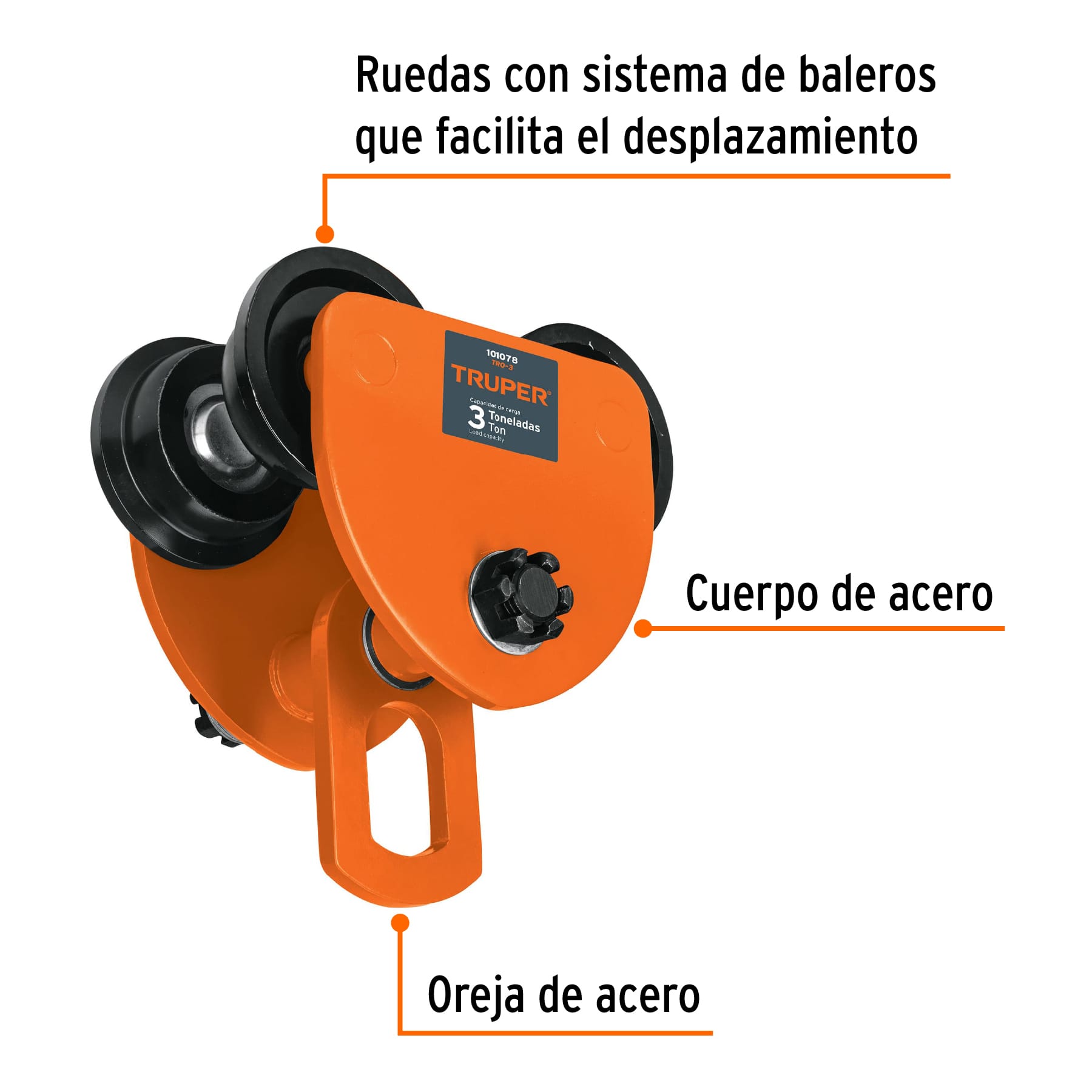 Trole de carga Truper 3 ton para vigas IPS e IPR ajustable 101078 naranja