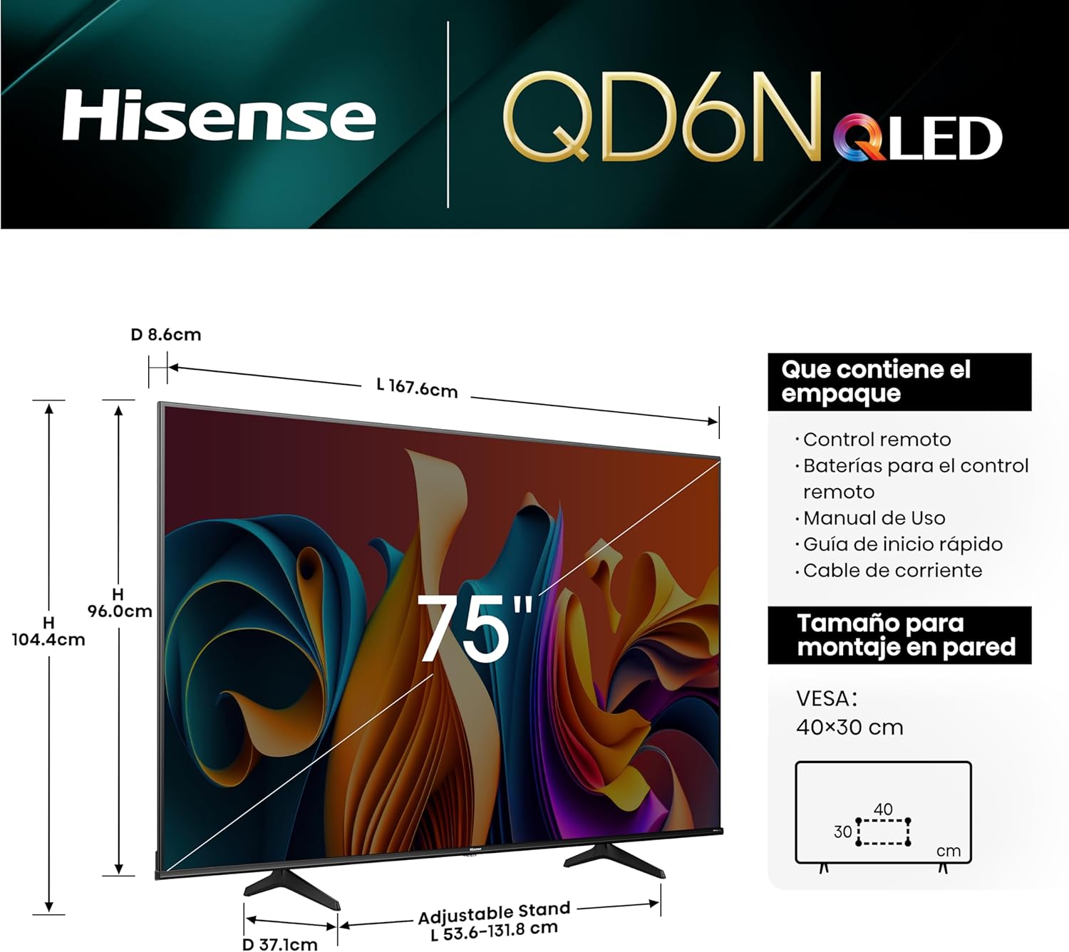 Pantalla Hisense QLED de 75" 4K UHD 75QD6N con Google TV.