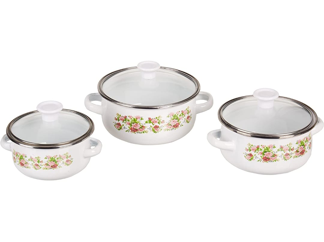 Set de 3 Ollas Peltre con tapa de cristal, Juego de 6 piezas Z479 HOT SPOT.