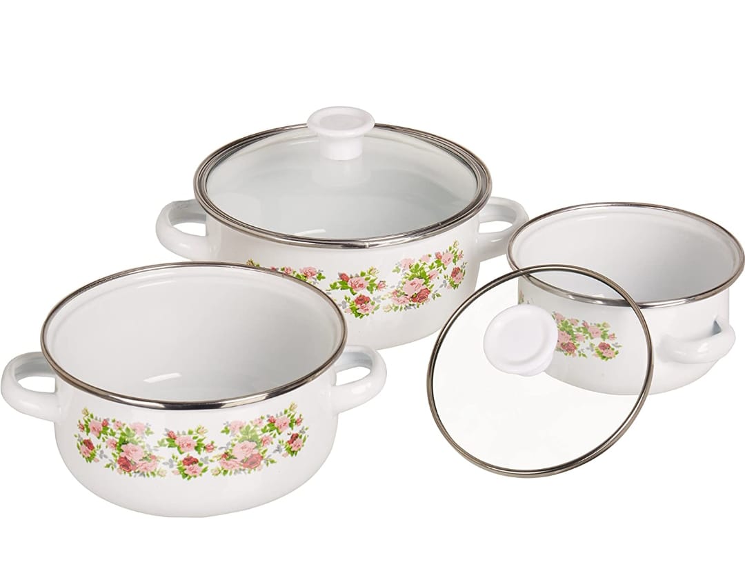 Set de 3 Ollas Peltre con tapa de cristal, Juego de 6 piezas Z479 HOT SPOT.