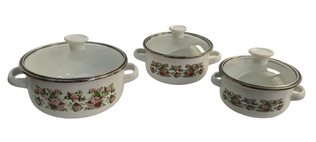 Set de 3 Ollas Peltre con tapa de cristal, Juego de 6 piezas Z479 HOT SPOT.