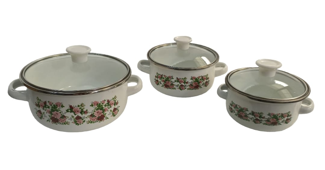 Set de 3 Ollas Peltre con tapa de cristal, Juego de 6 piezas Z479 HOT SPOT.