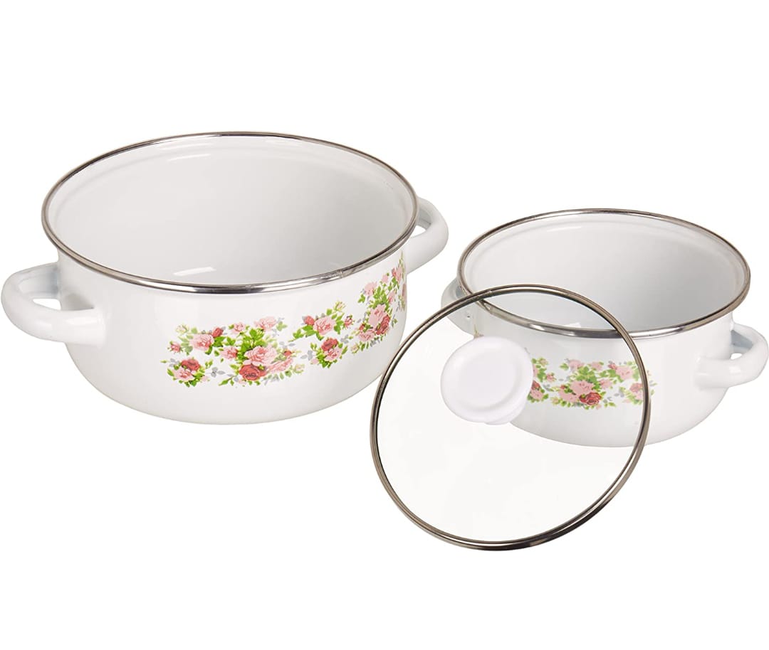 Set de 3 Ollas Peltre con tapa de cristal, Juego de 6 piezas Z479 HOT SPOT.