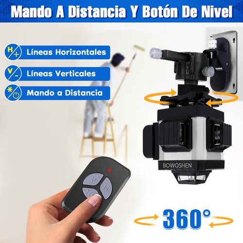 Nivel Láser 16 Líneas Con 2 Baterías Y Control Remoto 360° BOWOSHEN, 4D Nivelador Láser Autonivelante Con Líneas De Horizontales Verticales Verde Cruzada