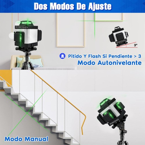 Nivel Láser 16 Líneas Con 2 Baterías Y Control Remoto 360° BOWOSHEN, 4D Nivelador Láser Autonivelante Con Líneas De Horizontales Verticales Verde Cruzada