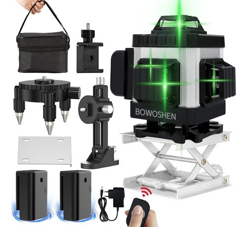 Nivel Láser 16 Líneas Con 2 Baterías Y Control Remoto 360° BOWOSHEN, 4D Nivelador Láser Autonivelante Con Líneas De Horizontales Verticales Verde Cruzada