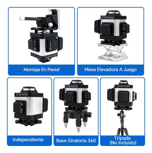 Nivel Láser 16 Líneas Con 2 Baterías Y Control Remoto 360° BOWOSHEN, 4D Nivelador Láser Autonivelante Con Líneas De Horizontales Verticales Verde Cruzada