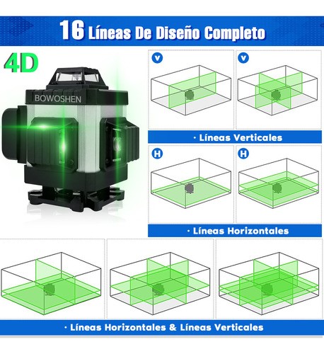 Nivel Láser 16 Líneas Con 2 Baterías Y Control Remoto 360° BOWOSHEN, 4D Nivelador Láser Autonivelante Con Líneas De Horizontales Verticales Verde Cruzada