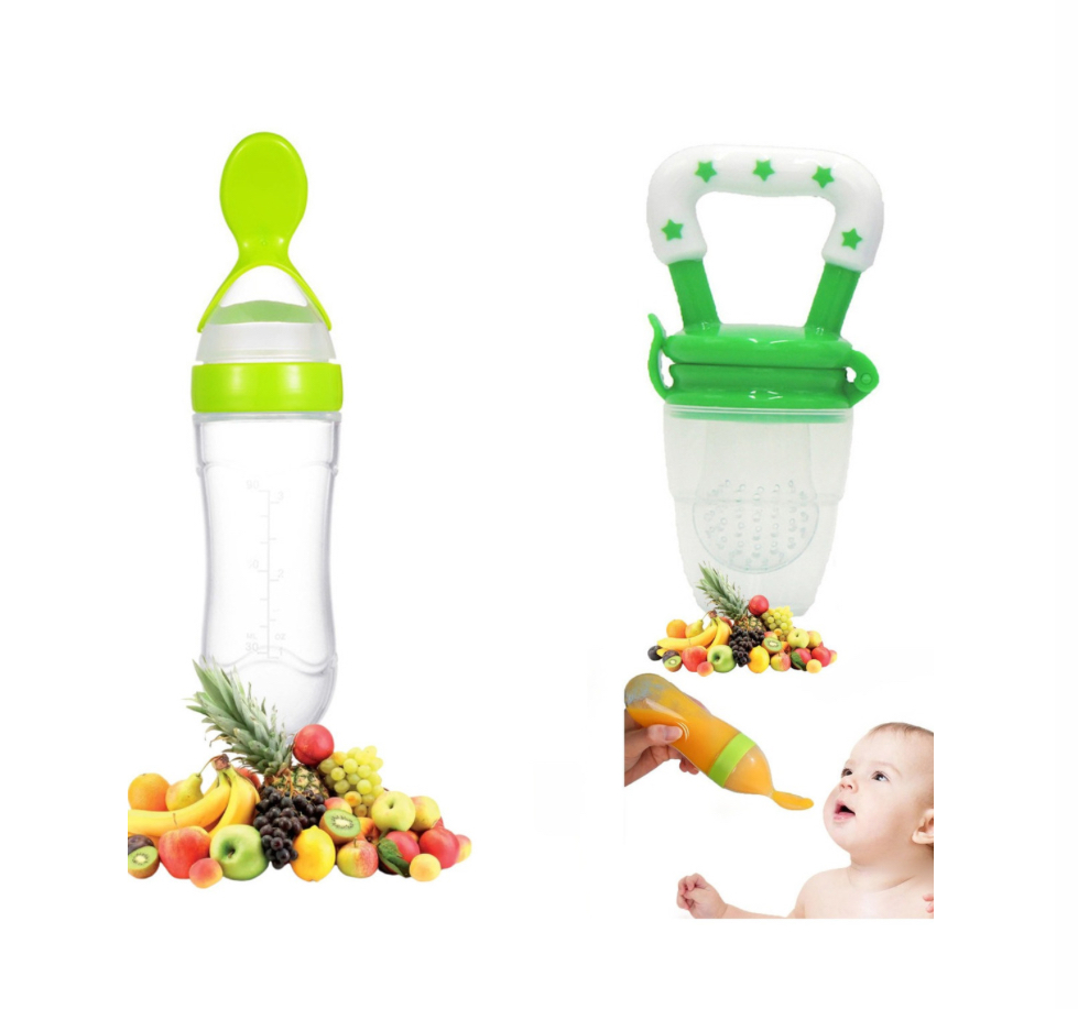 Chupón Alimentador Fruta Y Biberón Cuchara Para Papilla Bebe verde.