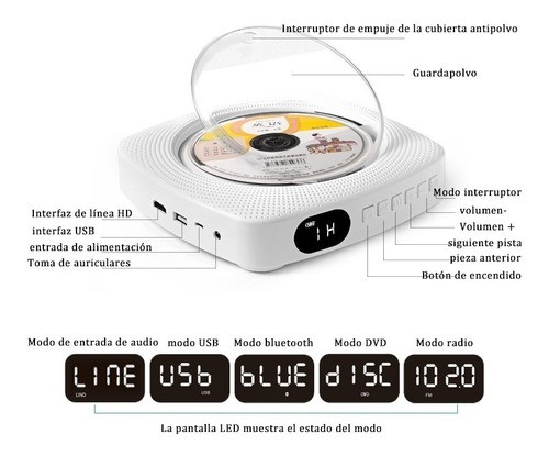 Reproductor De Cd, Dvd Bluetooth Con Montaje En Pared Color Blanco