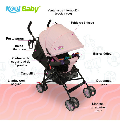 Carriola De Bastón Plegable Para Bebé Kool Baby Car-104 Color Rosa.