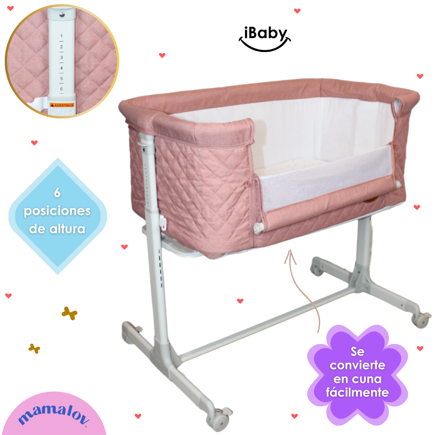 Colecho Para Bebé Con Posición Anti Reflujo | Mau - Rosa - Ibaby