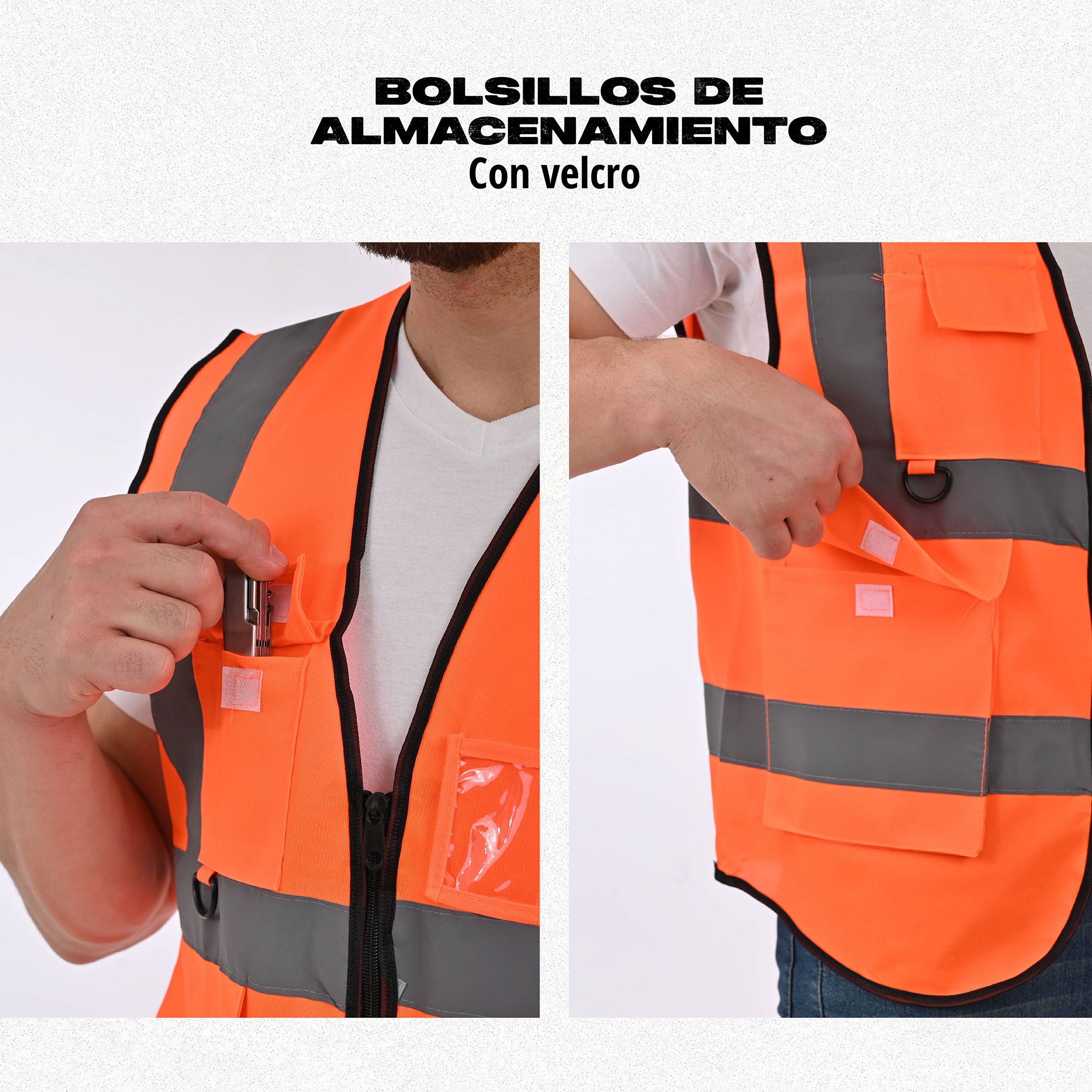 PAQUETE DE 3 CHALECOS DE SEGURIDAD CON CIERRE Y TIRAS REFLEJANTES..