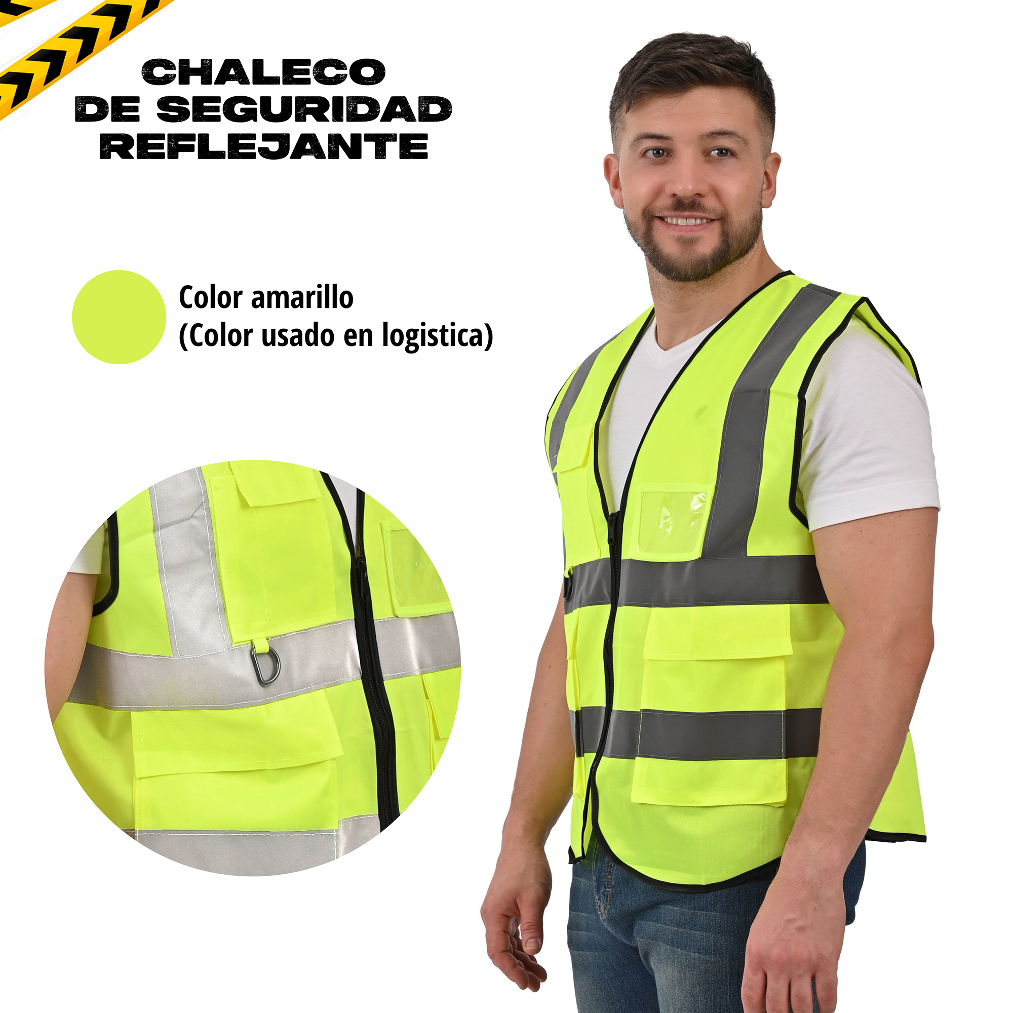 PAQUETE DE 3 CHALECOS DE SEGURIDAD CON CIERRE Y TIRAS REFLEJANTES..