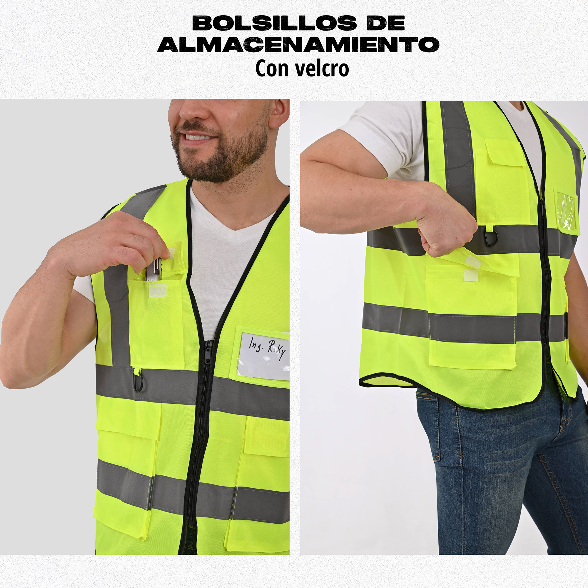 PAQUETE DE 3 CHALECOS DE SEGURIDAD CON CIERRE Y TIRAS REFLEJANTES..