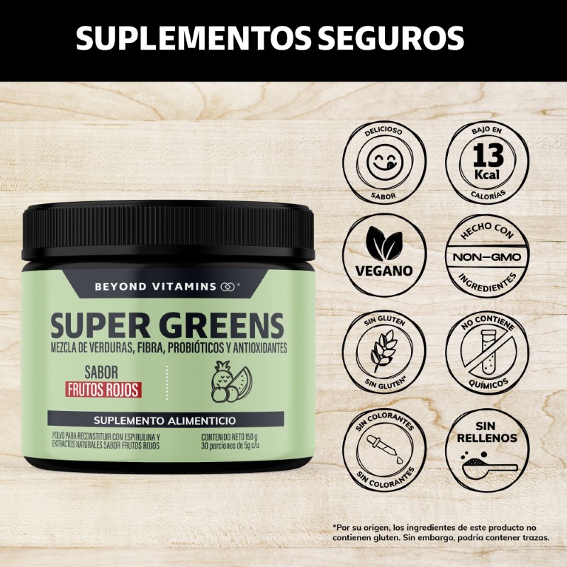 Suplemento Alimenticio Beyond Vitamins Super Greens, Jugo Verde en Polvo con Té Matcha, Espirulina, Bloom 150g