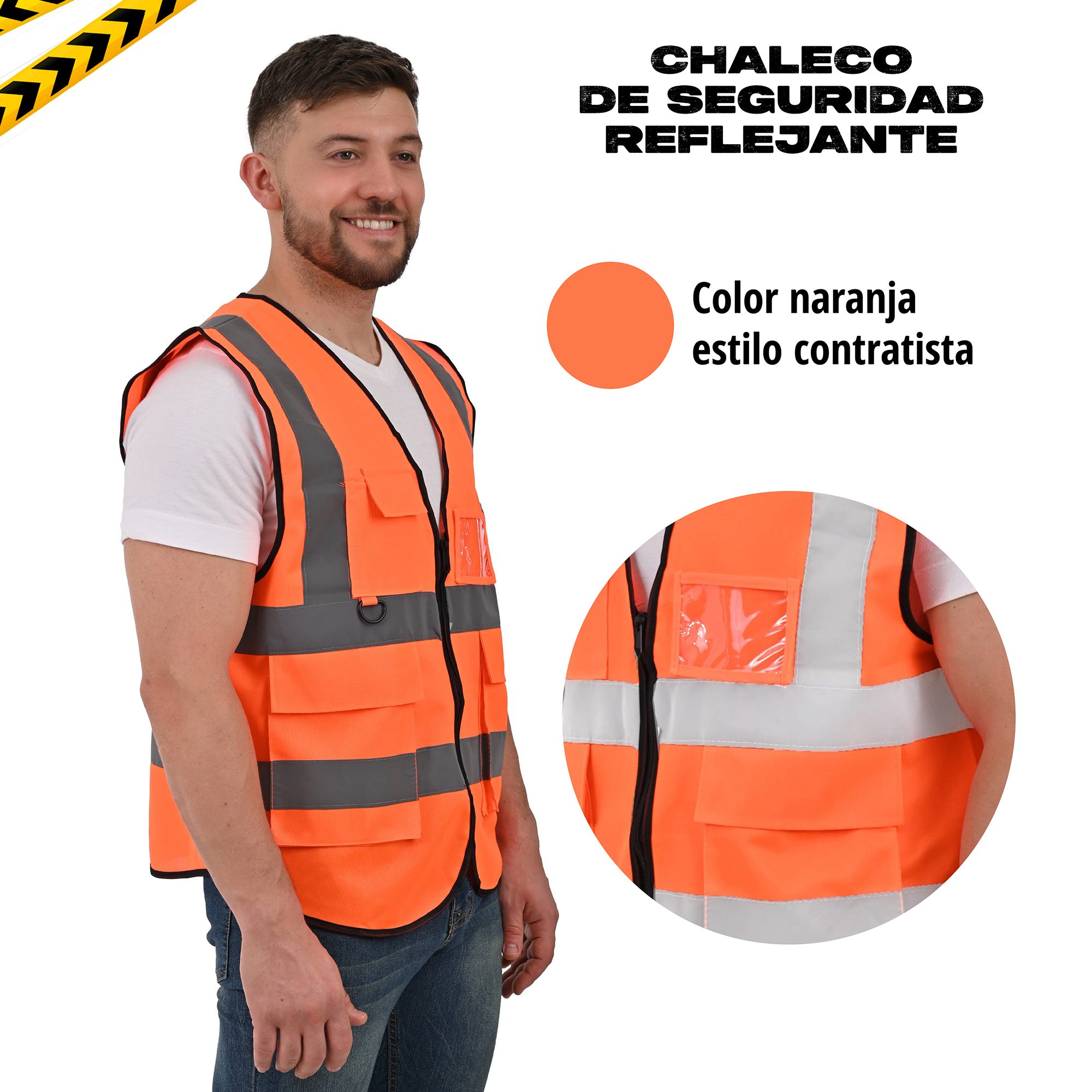 PAQUETE DE 3 CHALECOS DE SEGURIDAD CON CIERRE Y TIRAS REFLEJANTES..