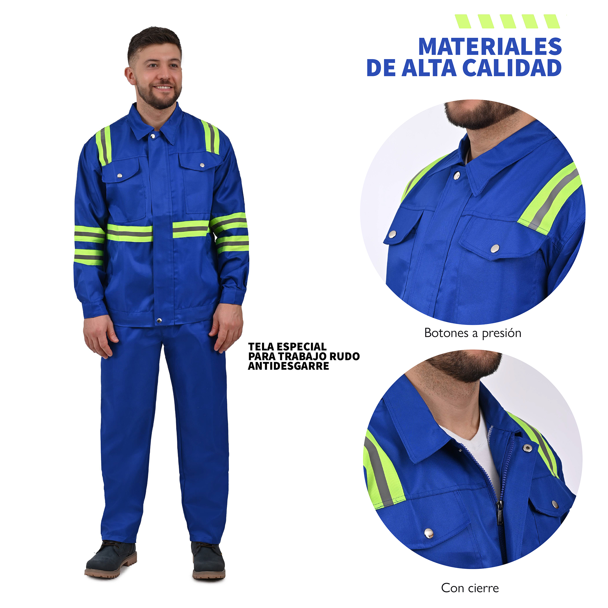 Conjunto de trabajo de dos piezas (Chamarra y pantalón) con cierre y tiras reflectantes, fabricado en 100% poliéster tipo gabardina gruesa,.