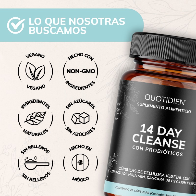 Suplemento Alimenticio Quotidien 14 Day Cleanse Cascara Sagrada, Psyllium Husk, Hoja Sen & Probióticos 28 Cápsulas