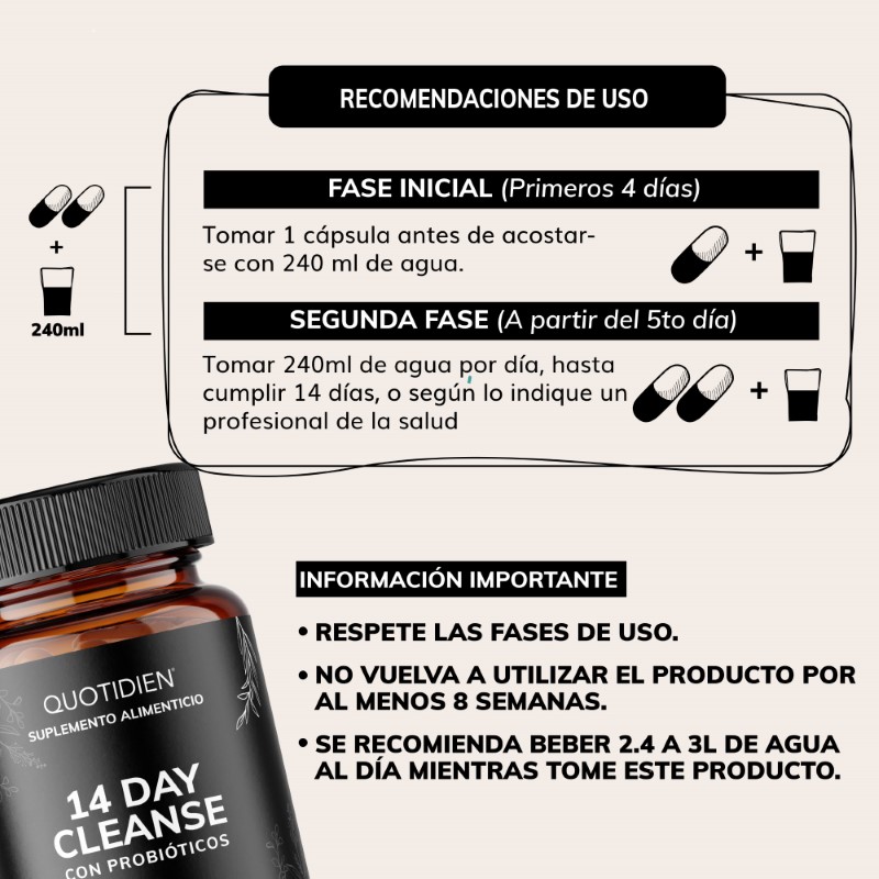 Suplemento Alimenticio Quotidien 14 Day Cleanse Cascara Sagrada, Psyllium Husk, Hoja Sen & Probióticos 28 Cápsulas