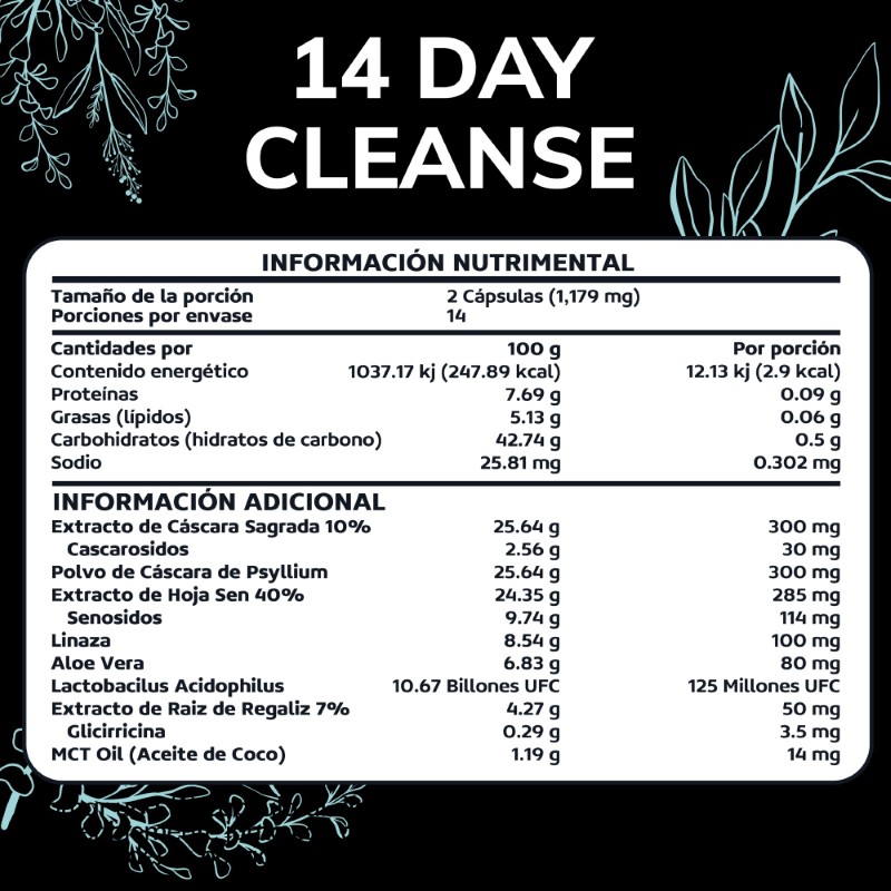 Suplemento Alimenticio Quotidien 14 Day Cleanse Cascara Sagrada, Psyllium Husk, Hoja Sen & Probióticos 28 Cápsulas