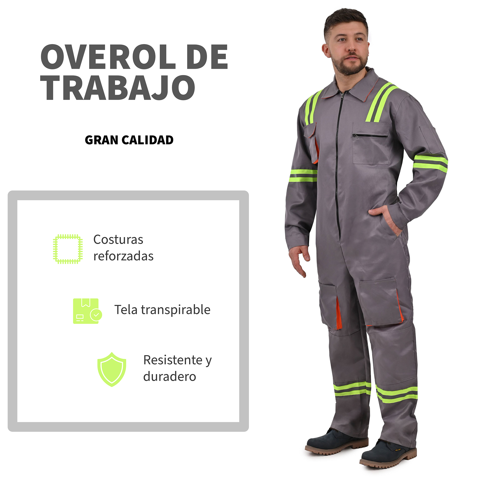 Overol de trabajo máxima resistencia, confort y visibilidad. Tiras Reflejantes.Fabricado con gabardina gruesa de 100% poliéster.