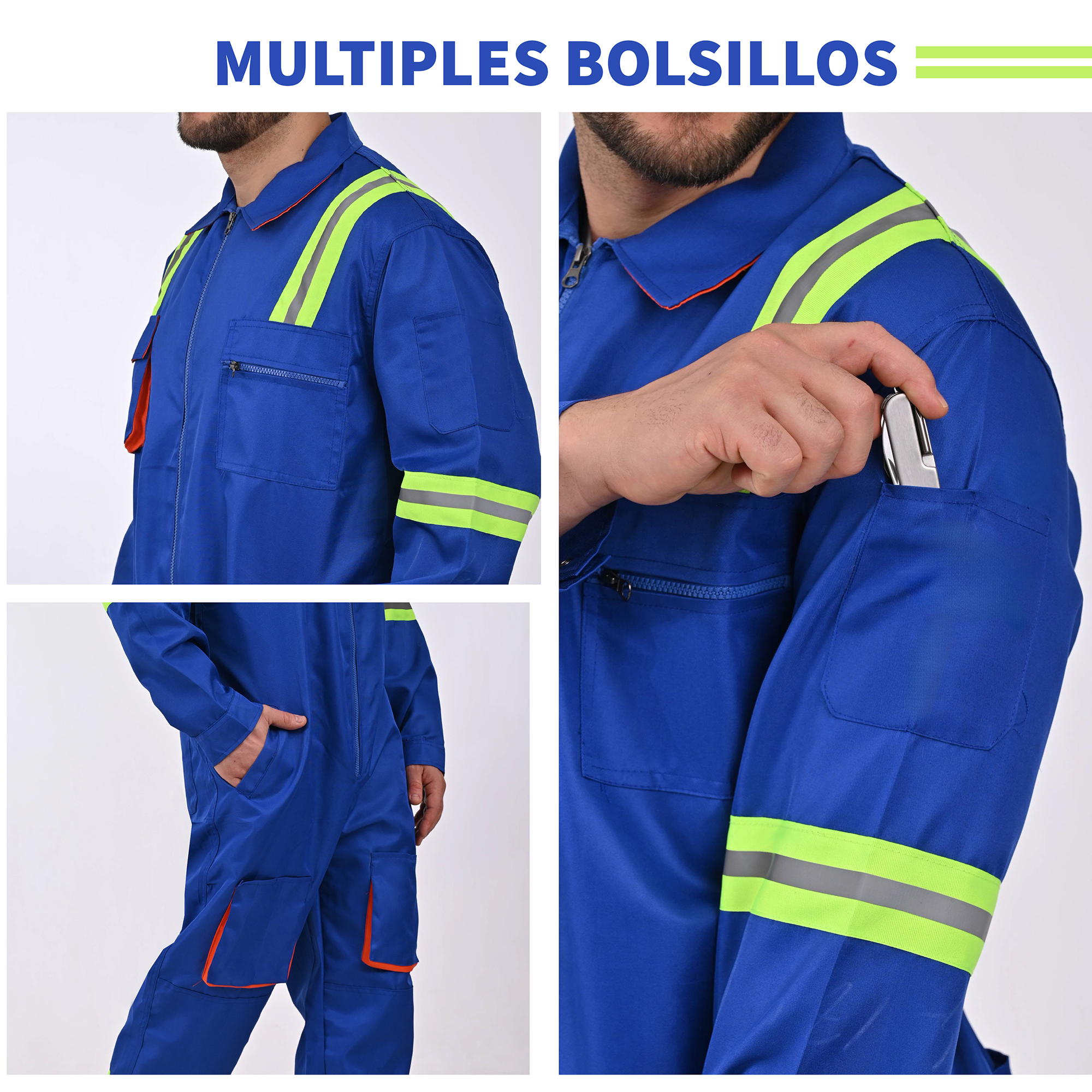 Overol de trabajo máxima resistencia, confort y visibilidad. Tiras Reflejantes.Fabricado con gabardina gruesa de 100% poliéster.