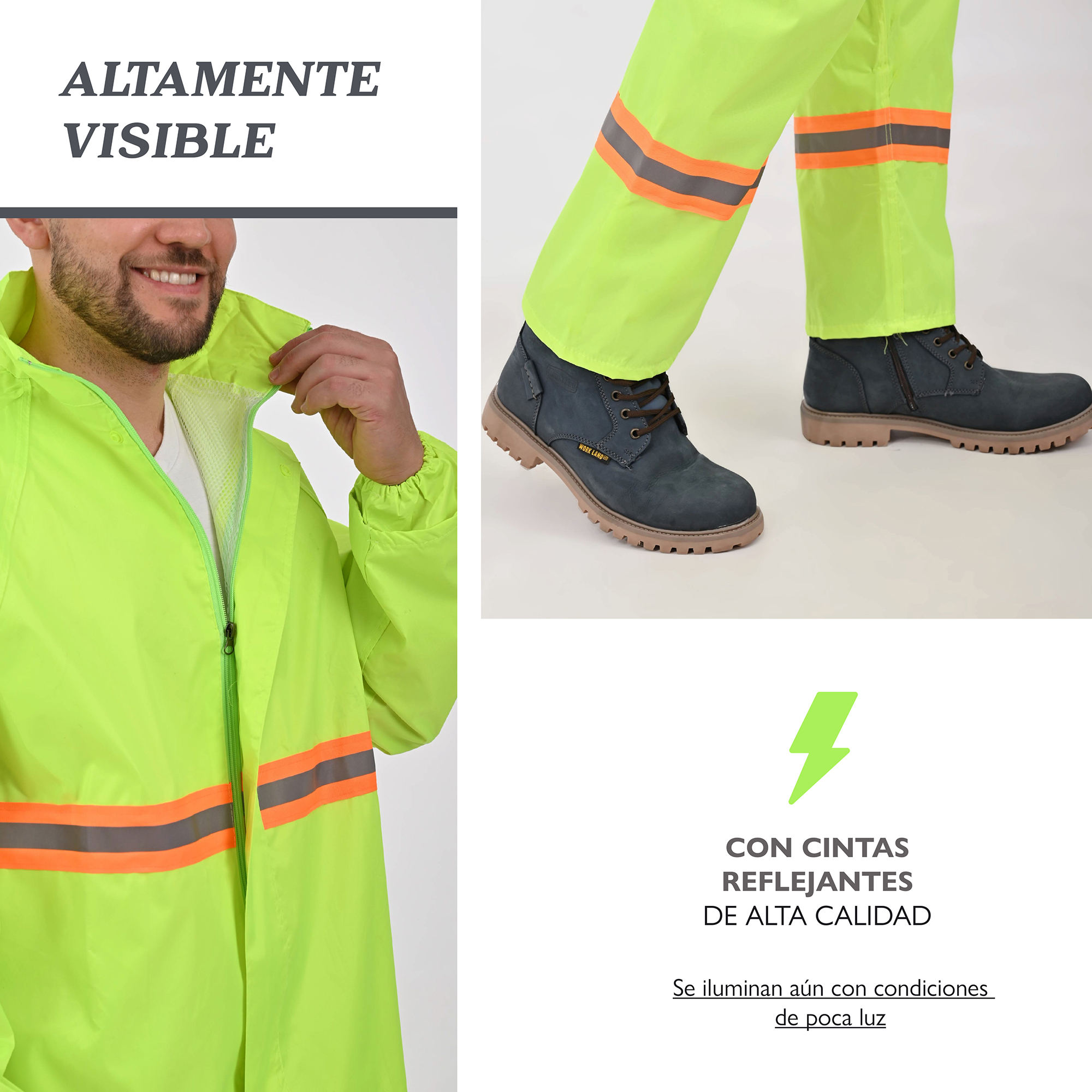 CONJUNTO IMPERMEABLE DE 2 PIEZAS PARA TRABAJO O PARA MOTOCICLETA, BICICLETA, CON CIERRE, TAPA CIERRE, GORRO, VICERA, Y TIRAS REFLEJANTES, PUÑO CON RESORTE , CON FORRO INTERNO, DE MATERIAL100% PVC GRUESO, EN TALLAS MEDIANA, GRANDE Y EXTRAGRANDE.