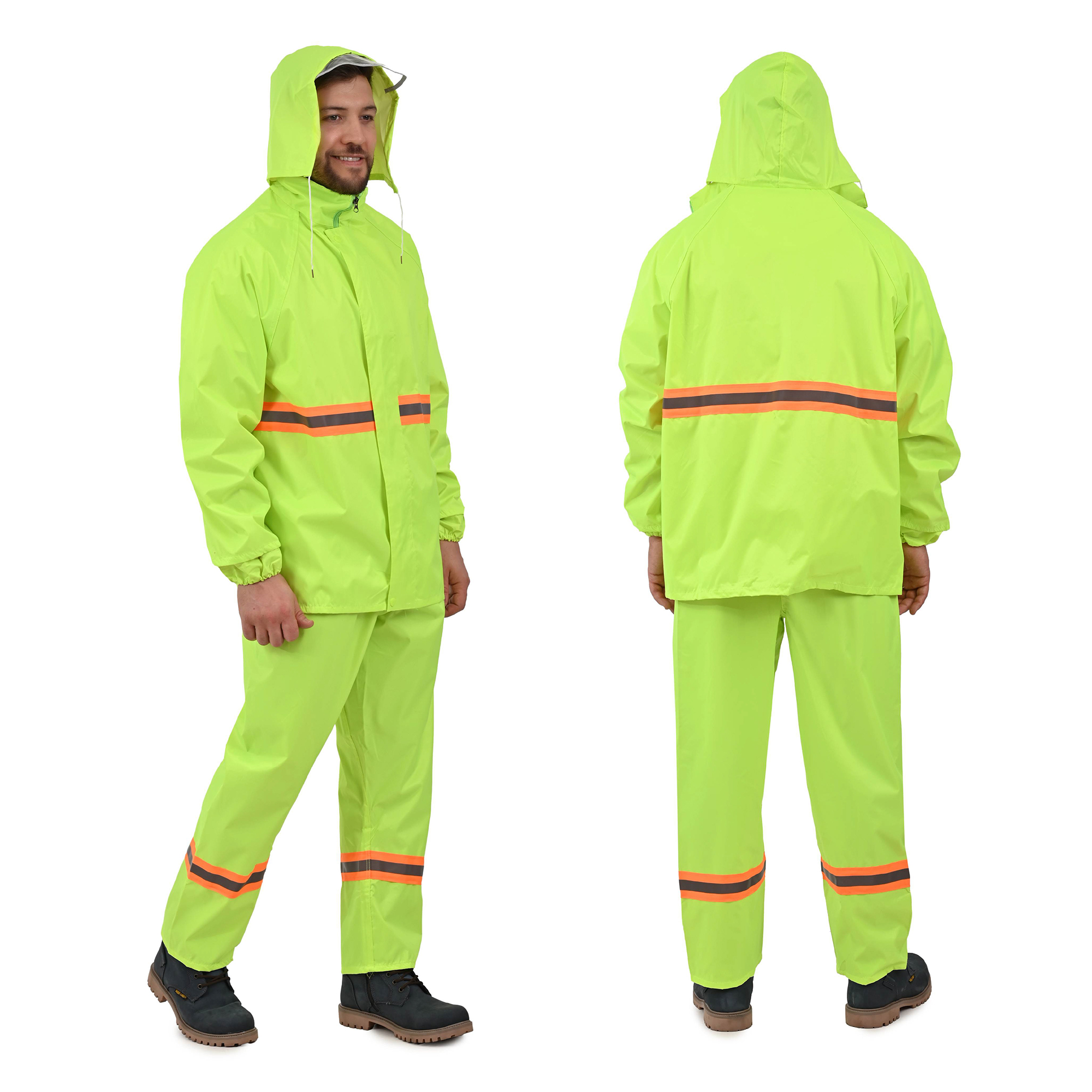 CONJUNTO IMPERMEABLE DE 2 PIEZAS PARA TRABAJO O PARA MOTOCICLETA, BICICLETA, CON CIERRE, TAPA CIERRE, GORRO, VICERA, Y TIRAS REFLEJANTES, PUÑO CON RESORTE , CON FORRO INTERNO, DE MATERIAL100% PVC GRUESO, EN TALLAS MEDIANA, GRANDE Y EXTRAGRANDE.