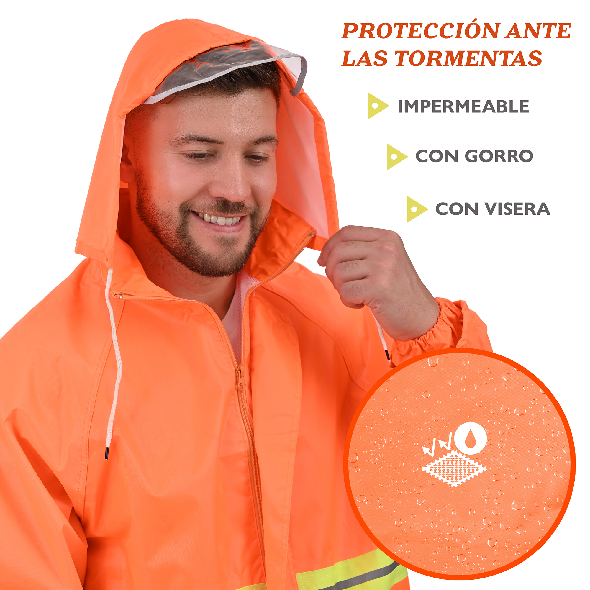 CONJUNTO IMPERMEABLE DE 2 PIEZAS PARA TRABAJO O PARA MOTOCICLETA, BICICLETA, CON CIERRE, TAPA CIERRE, GORRO, VICERA, Y TIRAS REFLEJANTES, PUÑO CON RESORTE , CON FORRO INTERNO, DE MATERIAL100% PVC GRUESO, EN TALLAS MEDIANA, GRANDE Y EXTRAGRANDE.