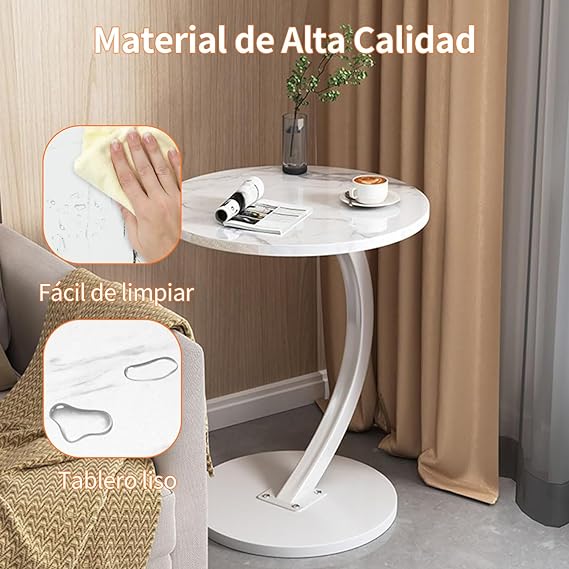 A BNFU Mesas Laterales para Sala, Mesa Auxiliar Sala en Forma de C, Diseño Moderno y Minimalista, Adecuada para sofás y Camas, Espacio pequeño, Sala de Estar, Dormitorio (Blanco).