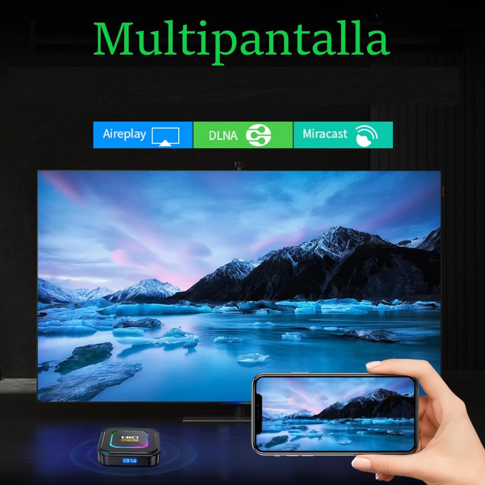 TV box smartTV pantalla negro control inteligente luz Android 13 8K RGB 4GB Wifi 32gb usb 3.1 hdmi