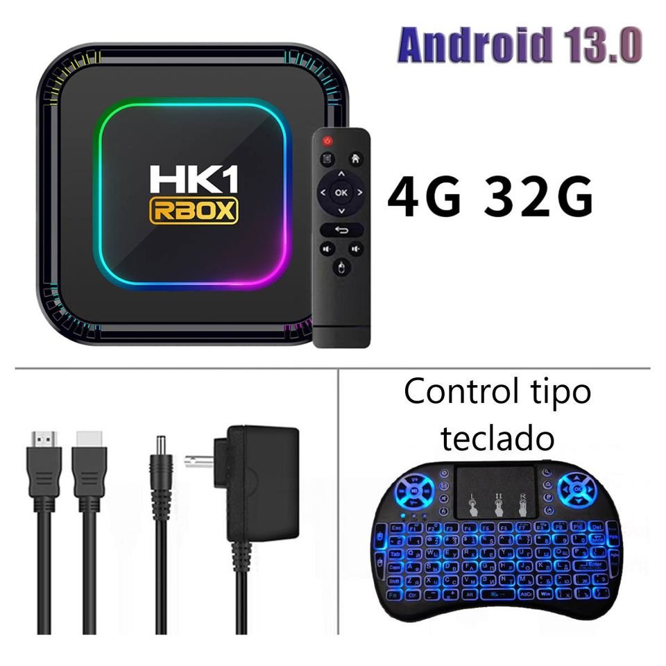 TV box smartTV pantalla negro control inteligente luz Android 13 8K RGB 4GB Wifi 32gb usb 3.1 hdmi