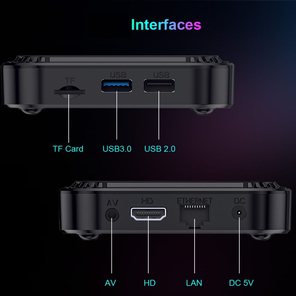 TV box smartTV pantalla negro control inteligente luz Android 13 8K RGB 4GB Wifi 32gb usb 3.1 hdmi
