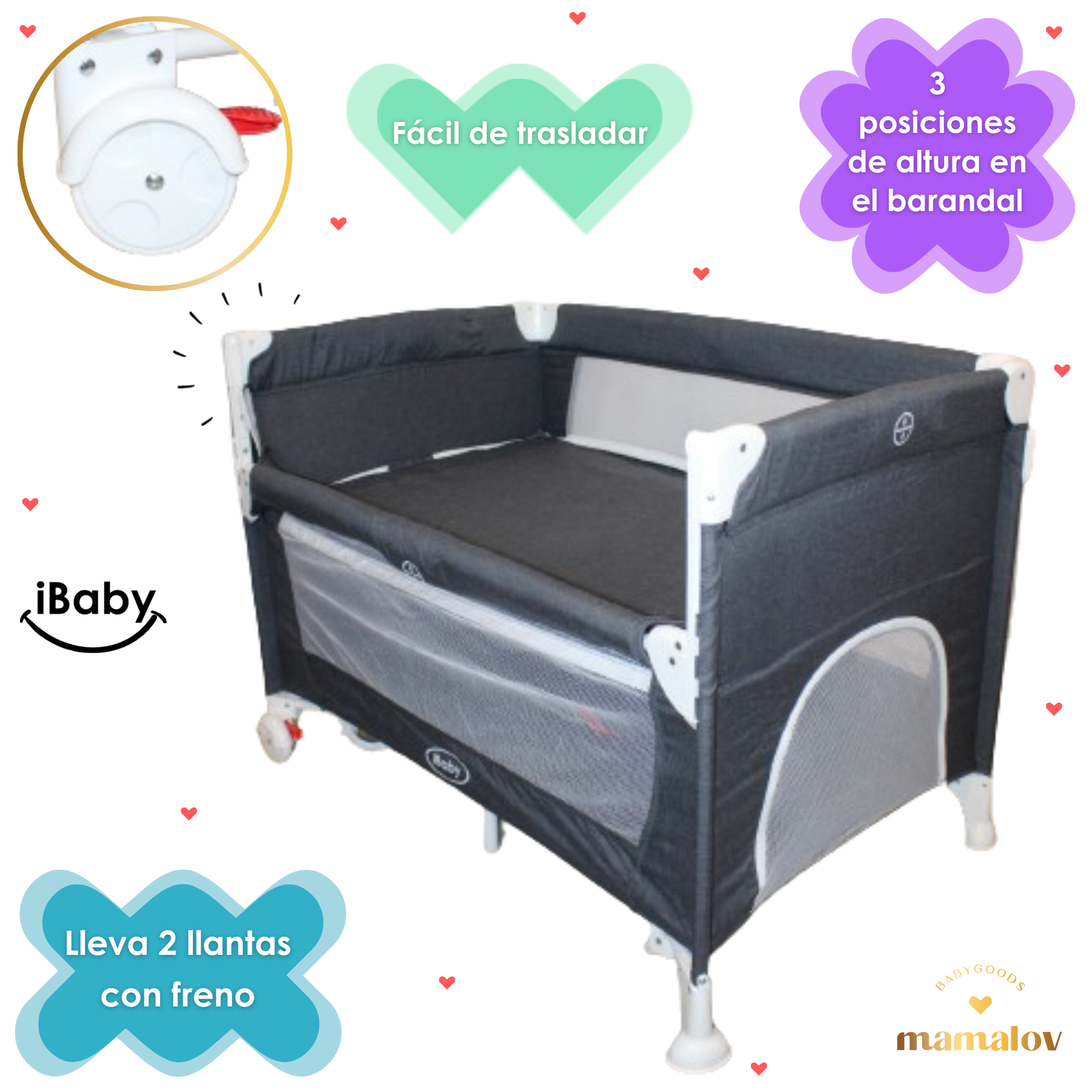 Cuna Corral Colecho Y Mecedora 4 en 1 Lomé Con Velo - Negro - Ibaby