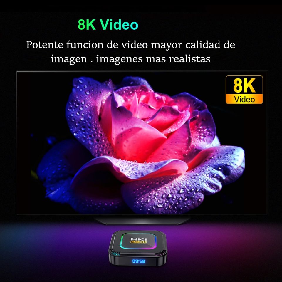 TV box smartTV pantalla negro control inteligente luz Android 13 8K RGB 4GB Wifi 32gb usb 3.1 hdmi