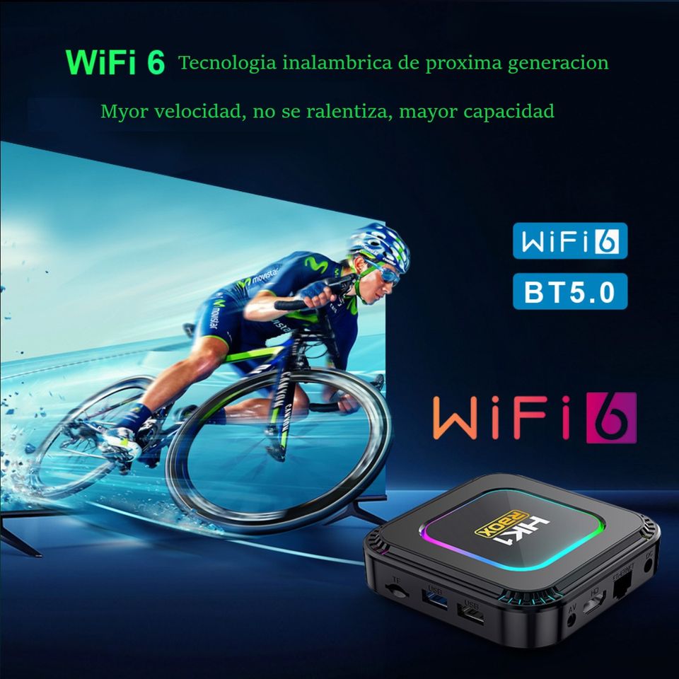 TV box smartTV pantalla negro control inteligente luz Android 13 8K RGB 4GB Wifi 32gb usb 3.1 hdmi