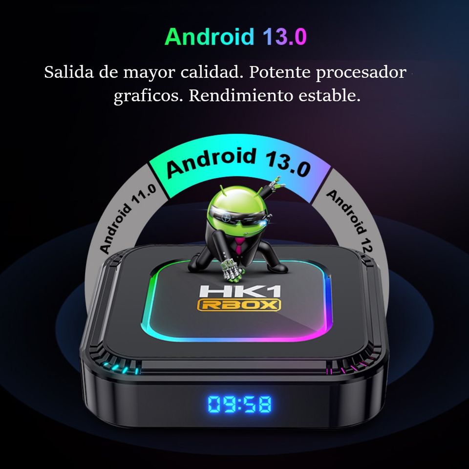 TV box smartTV pantalla negro control inteligente luz Android 13 8K RGB 4GB Wifi 32gb usb 3.1 hdmi