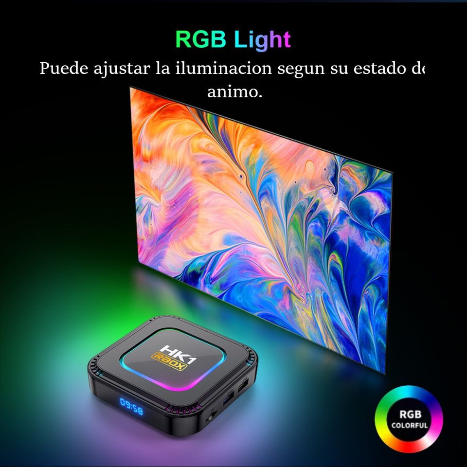 TV box smartTV pantalla negro control inteligente luz Android 13 8K RGB 4GB Wifi 32gb usb 3.1 hdmi