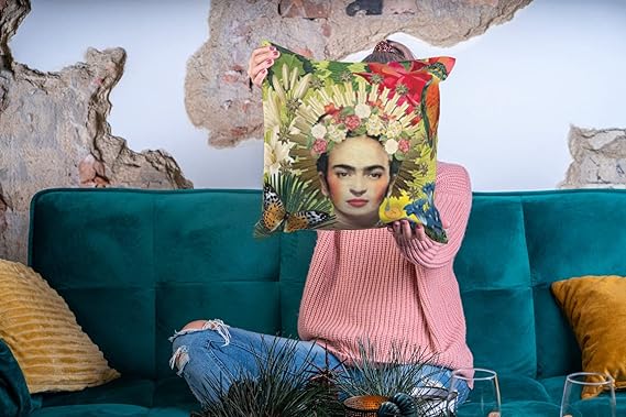 JUNGLE ART Cojin Almohada | Frida Kahlo Flores Personaje Mexicano | con Relleno Decorativo Poliester Suave Hogar | Listo para Usar Diseño Artistico Durable | (con Relleno 45x45cm).