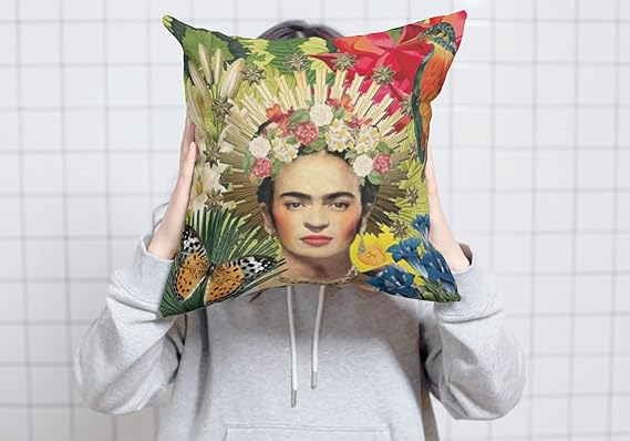 JUNGLE ART Cojin Almohada | Frida Kahlo Flores Personaje Mexicano | con Relleno Decorativo Poliester Suave Hogar | Listo para Usar Diseño Artistico Durable | (con Relleno 45x45cm).